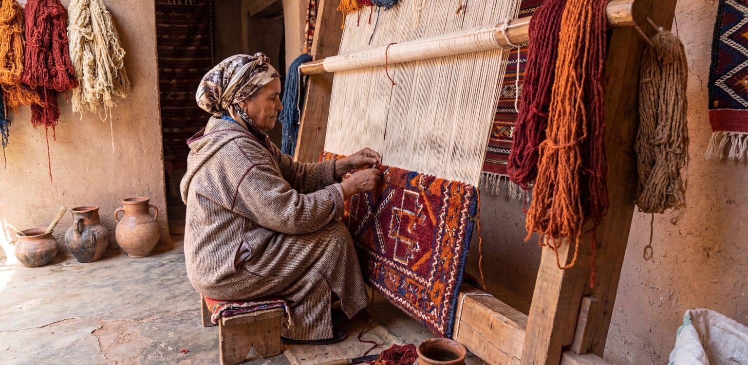 Elderly Woman Weaving Traditional Rug On Wooden Loom In Rustic Workshop