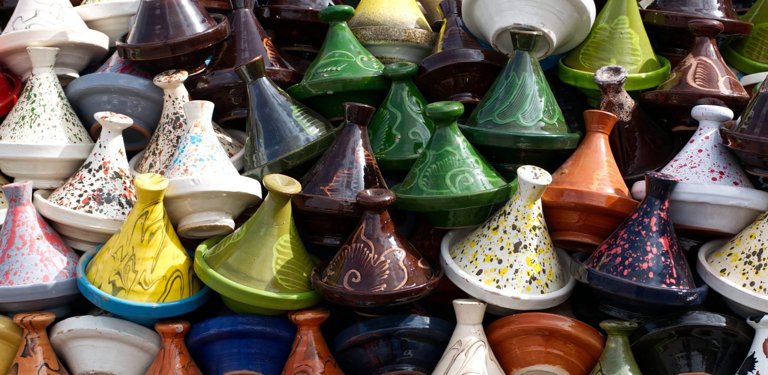 Traditional Tajine coockware displayed on a traditional Moroccan market, souk, in Marrakech. Morocco, Africa.
